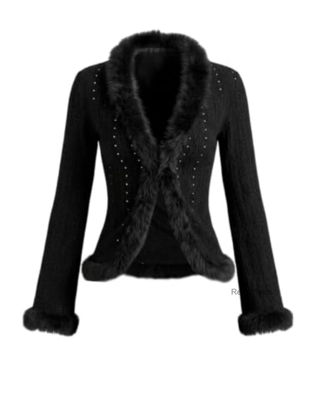 Faux Fur Open Front Knit Cardigan Sweater Long Sleeve V-Neck